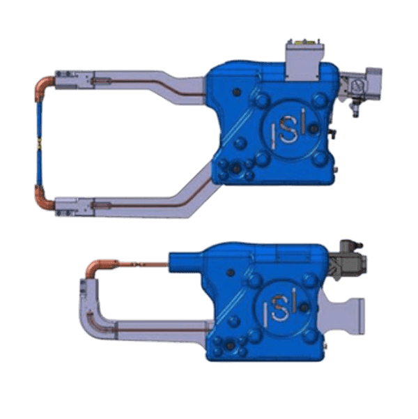 Mavi renkli iki endüstriyel nokta kaynak pensinin teknik çizimi, C-tipi kollar ve bakır soğutma boruları görünüyor.